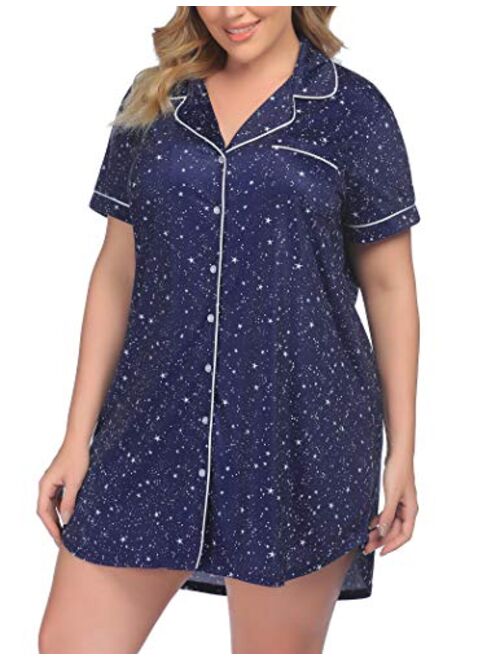 Womens Plus Size Sleep Shirt Short Sleeves Pajama Button Down Top Nightgown Boyfriend Night Shirt Sleepwear16W-24W