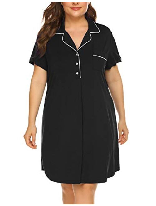 Womens Plus Size Sleep Shirt Short Sleeves Pajama Button Down Top Nightgown Boyfriend Night Shirt Sleepwear16W-24W