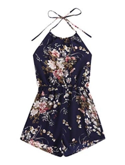 Women's Boho Floral Print V Neck Beach Shorts Romper Jumpsuit with Belt