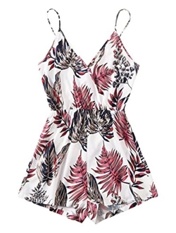 Women's Boho Floral Print V Neck Beach Shorts Romper Jumpsuit with Belt