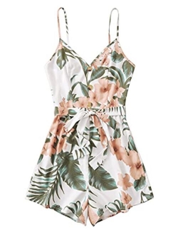 Women's Boho Floral Print V Neck Beach Shorts Romper Jumpsuit with Belt