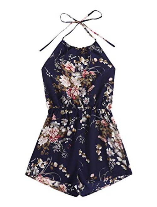 SweatyRocks Women's Boho Floral Print V Neck Beach Shorts Romper Jumpsuit with Belt