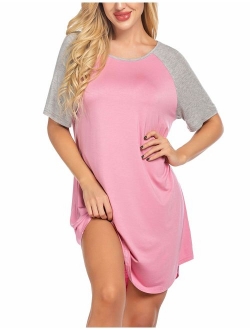 Short Sleeve Raglan Sleepshirts Casual Nightshirt Lounge Dress Boyfriend Style Sleepwear for Women