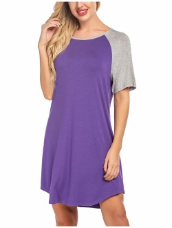 Short Sleeve Raglan Sleepshirts Casual Nightshirt Lounge Dress Boyfriend Style Sleepwear for Women