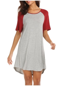 Short Sleeve Raglan Sleepshirts Casual Nightshirt Lounge Dress Boyfriend Style Sleepwear for Women