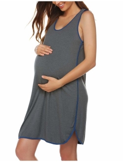 Women's Maternity Sleeveless Dress Striped Nightgown Pregnancy Gown for Breastfeeding