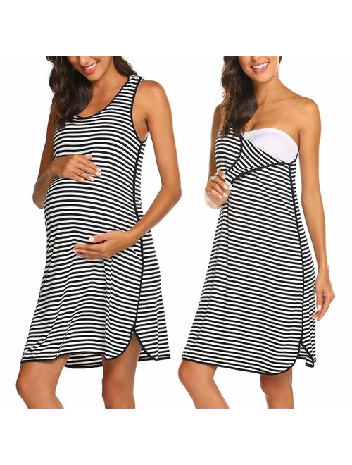 Ekouaer Women's Maternity Sleeveless Dress Striped Nightgown Pregnancy Gown for Breastfeeding