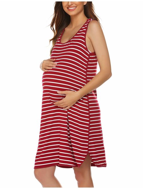 Ekouaer Women's Maternity Sleeveless Dress Striped Nightgown Pregnancy Gown for Breastfeeding