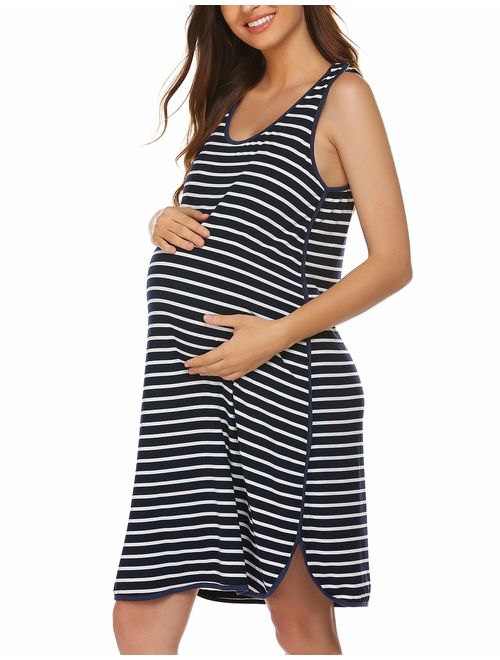 Ekouaer Women's Maternity Sleeveless Dress Striped Nightgown Pregnancy Gown for Breastfeeding