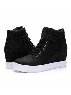 XMWEALTHY Women's Casual Wedges Sneakers Lace Up Hook Loop Fashion Sneaker High Top Hidden Heel Wedges Shoes