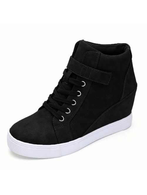 XMWEALTHY Women's Casual Wedges Sneakers Lace Up Hook Loop Fashion Sneaker High Top Hidden Heel Wedges Shoes