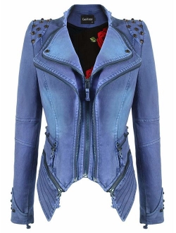 Women's Fashion Studded Perfectly Shaping Faux Leather Biker Jacket