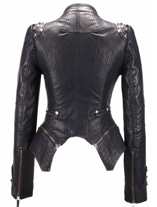 chouyatou Women's Fashion Studded Perfectly Shaping Faux Leather Biker Jacket