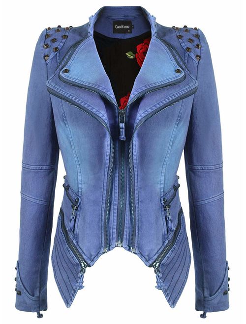 chouyatou Women's Fashion Studded Perfectly Shaping Faux Leather Biker Jacket