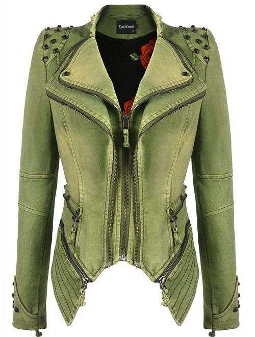 chouyatou Women's Fashion Studded Perfectly Shaping Faux Leather Biker Jacket