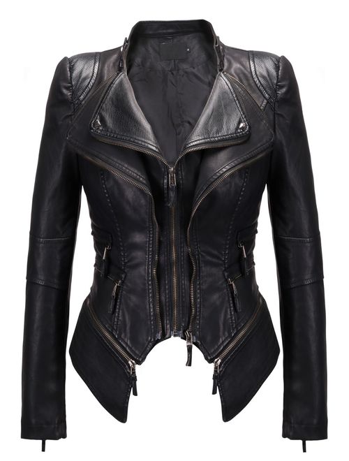 chouyatou Women's Fashion Studded Perfectly Shaping Faux Leather Biker Jacket