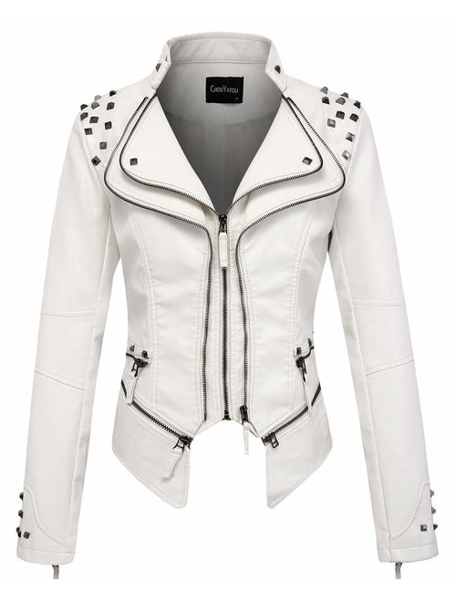 chouyatou Women's Fashion Studded Perfectly Shaping Faux Leather Biker Jacket