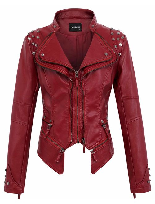 chouyatou Women's Fashion Studded Perfectly Shaping Faux Leather Biker Jacket