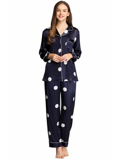 Womens Satin Pajama Set Button Down Sleepwear Long Pj XS-3XL