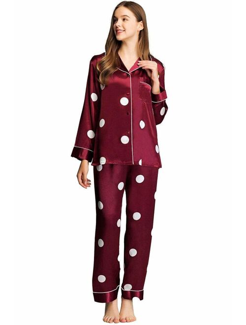 Womens Satin Pajama Set Button Down Sleepwear Long Pj XS-3XL