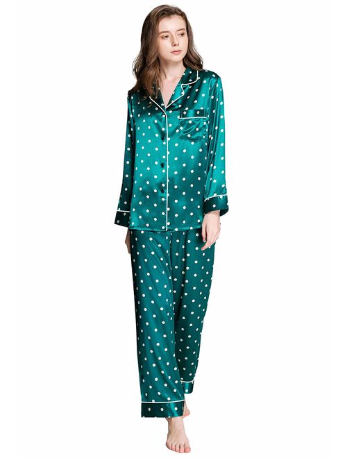 Womens Satin Pajama Set Button Down Sleepwear Long Pj XS-3XL