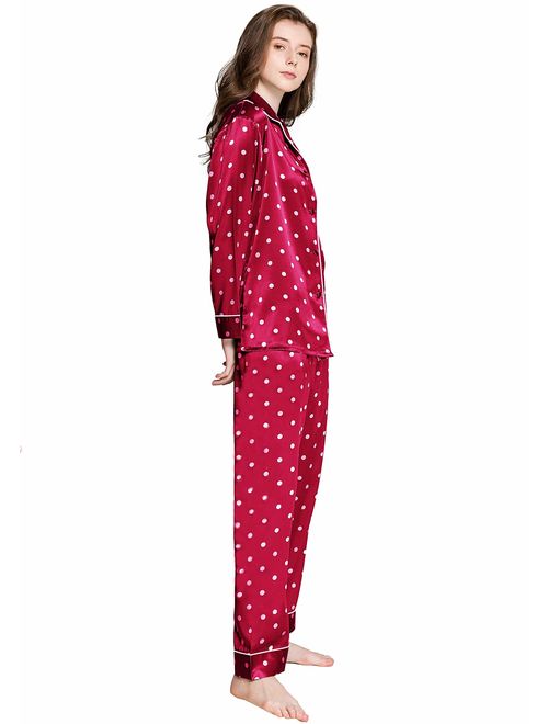 Womens Satin Pajama Set Button Down Sleepwear Long Pj XS-3XL