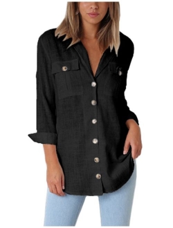 GRAPENT Womens Casual Loose Roll-up Sleeve Blouse Pocket Button Down Shirts Tops