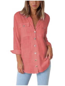 GRAPENT Womens Casual Loose Roll-up Sleeve Blouse Pocket Button Down Shirts Tops