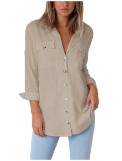 GRAPENT Womens Casual Loose Roll-up Sleeve Blouse Pocket Button Down Shirts Tops