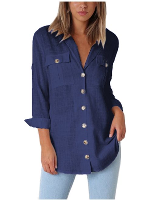 GRAPENT Womens Casual Loose Roll-up Sleeve Blouse Pocket Button Down Shirts Tops