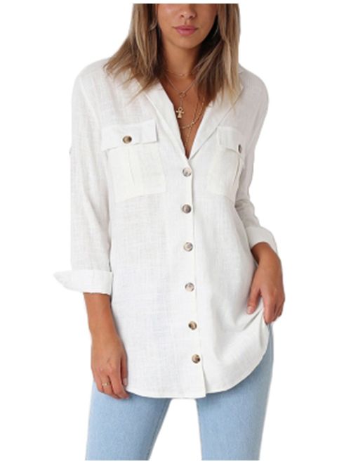 GRAPENT Womens Casual Loose Roll-up Sleeve Blouse Pocket Button Down Shirts Tops