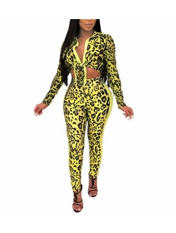 Women's 2 Piece Jumpsuit Snakeskin Print Long Sleeve Crop Top Bodycon Pant Set Outfit