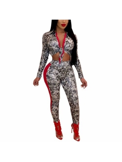 Women's 2 Piece Jumpsuit Snakeskin Print Long Sleeve Crop Top Bodycon Pant Set Outfit