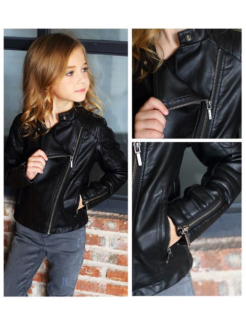 LJYH Girls'Faux Leather Quilted Shoulder Motorcycle Jacket