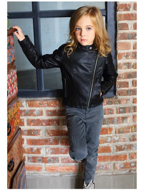 LJYH Girls'Faux Leather Quilted Shoulder Motorcycle Jacket