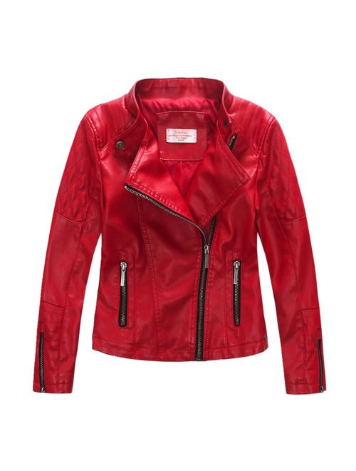 LJYH Girls'Faux Leather Quilted Shoulder Motorcycle Jacket