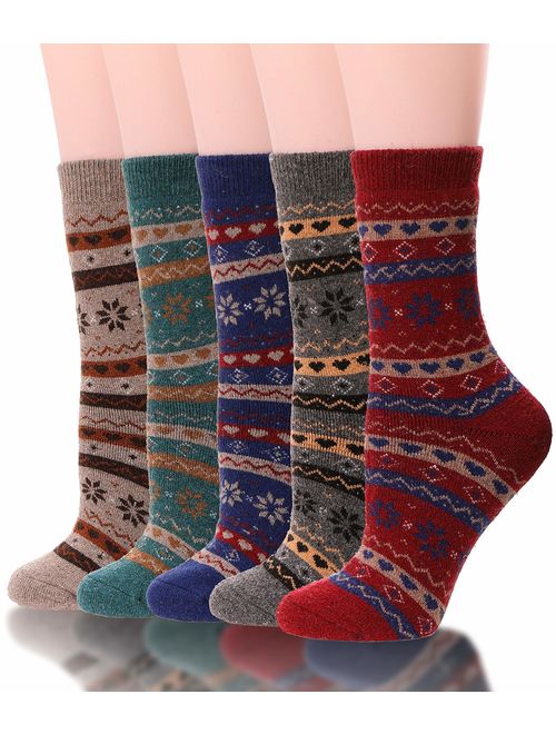 Womens Wool Socks Cabin Thermal Heavy Thick Soft Warm Fuzzy Novelty Winter Socks 5 Pack