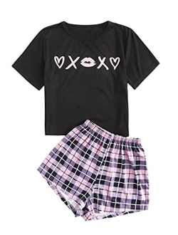 Women's Sleepwear Face Print Top and Red Lip Shorts Pajama Set