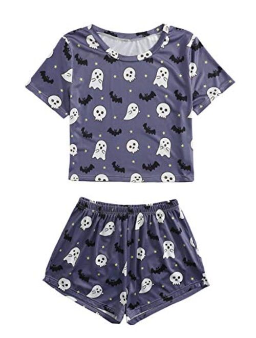 WDIRARA Women's Sleepwear Face Print Top and Red Lip Shorts Pajama Set