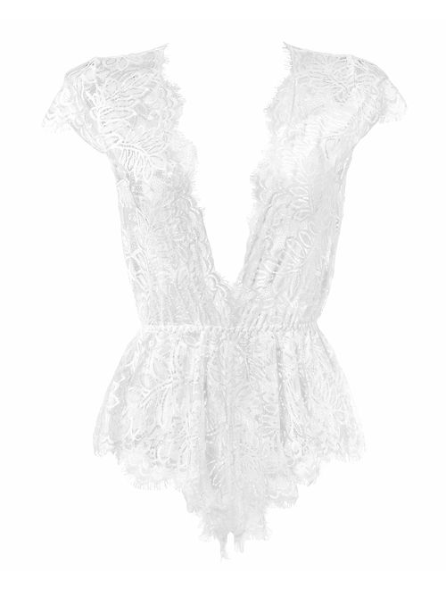 Anyou Womens Lingerie V Neck Lace Bodysuit Mini Babydoll Features Plunging Eyelash XS-XXL