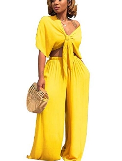 Women's Sexy 2 Piece Outfits Round Neck Crop Top Wide Leg Long Pants Jumpsuits Set