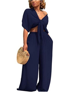 Women's Sexy 2 Piece Outfits Round Neck Crop Top Wide Leg Long Pants Jumpsuits Set