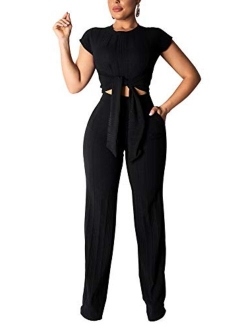 Women's Sexy 2 Piece Outfits Round Neck Crop Top Wide Leg Long Pants Jumpsuits Set