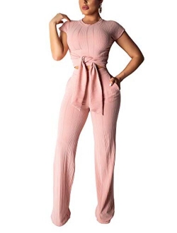 Women's Sexy 2 Piece Outfits Round Neck Crop Top Wide Leg Long Pants Jumpsuits Set