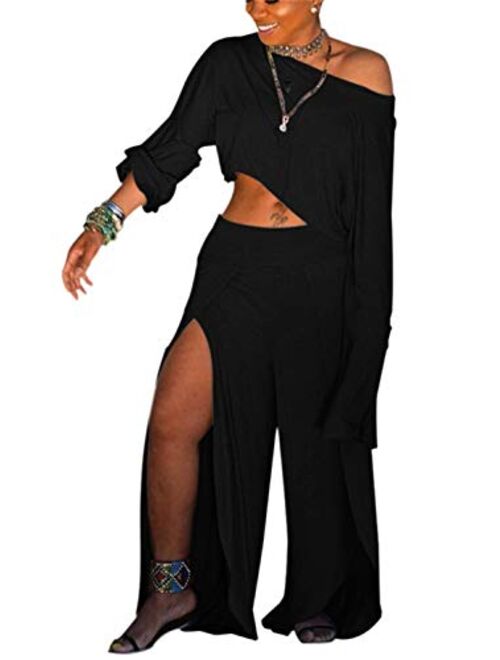 Women's Sexy 2 Piece Outfits Round Neck Crop Top Wide Leg Long Pants Jumpsuits Set