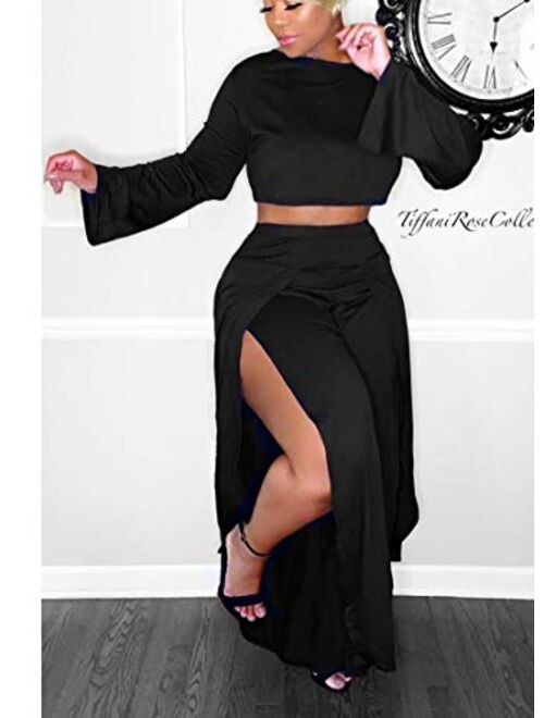 Women's Sexy 2 Piece Outfits Round Neck Crop Top Wide Leg Long Pants Jumpsuits Set