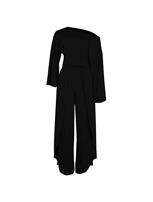 Women's Sexy 2 Piece Outfits Round Neck Crop Top Wide Leg Long Pants Jumpsuits Set