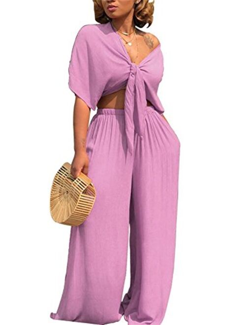 Women's Sexy 2 Piece Outfits Round Neck Crop Top Wide Leg Long Pants Jumpsuits Set