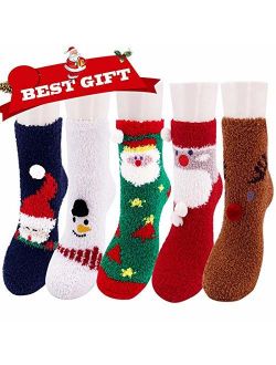 Christmas Socks,5-7 Pairs Christmas Fuzzy Socks for Women Santa Socks Holiday XMAS Fluffy Socks