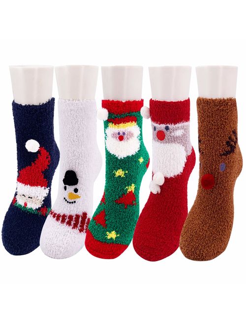 Christmas Socks,5-7 Pairs Christmas Fuzzy Socks for Women Santa Socks Holiday XMAS Fluffy Socks